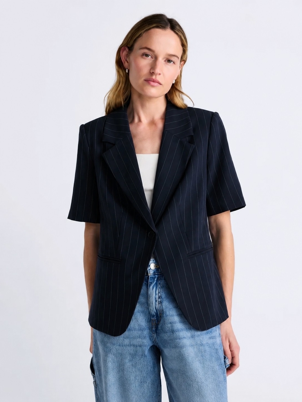 Navy Pinstripe Short-Sleeve Blazer - Women